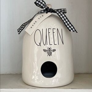 Rae Dunn Ceramic Birdhouse - Cream with Black Lettering & Bow